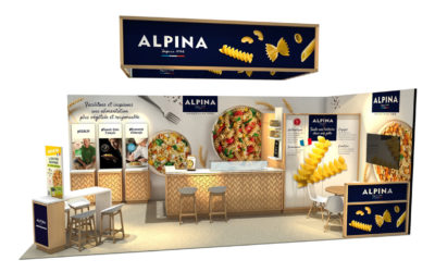 Conception Agencement, Design mobilier & Création habillage graphique de stand sur-mesure Alpina x SIRHA Lyon
